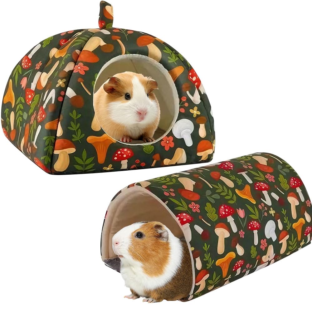 Mineup Guinea Pig Hideout, 2PCS Washable Rabbit Bed with Guinea Pig Tunnel, Guinea Pigs House, Guinea Pigs Toys Set for Hamster, Ferret, Bunny, Small Pet, Dark Green Mushrooms