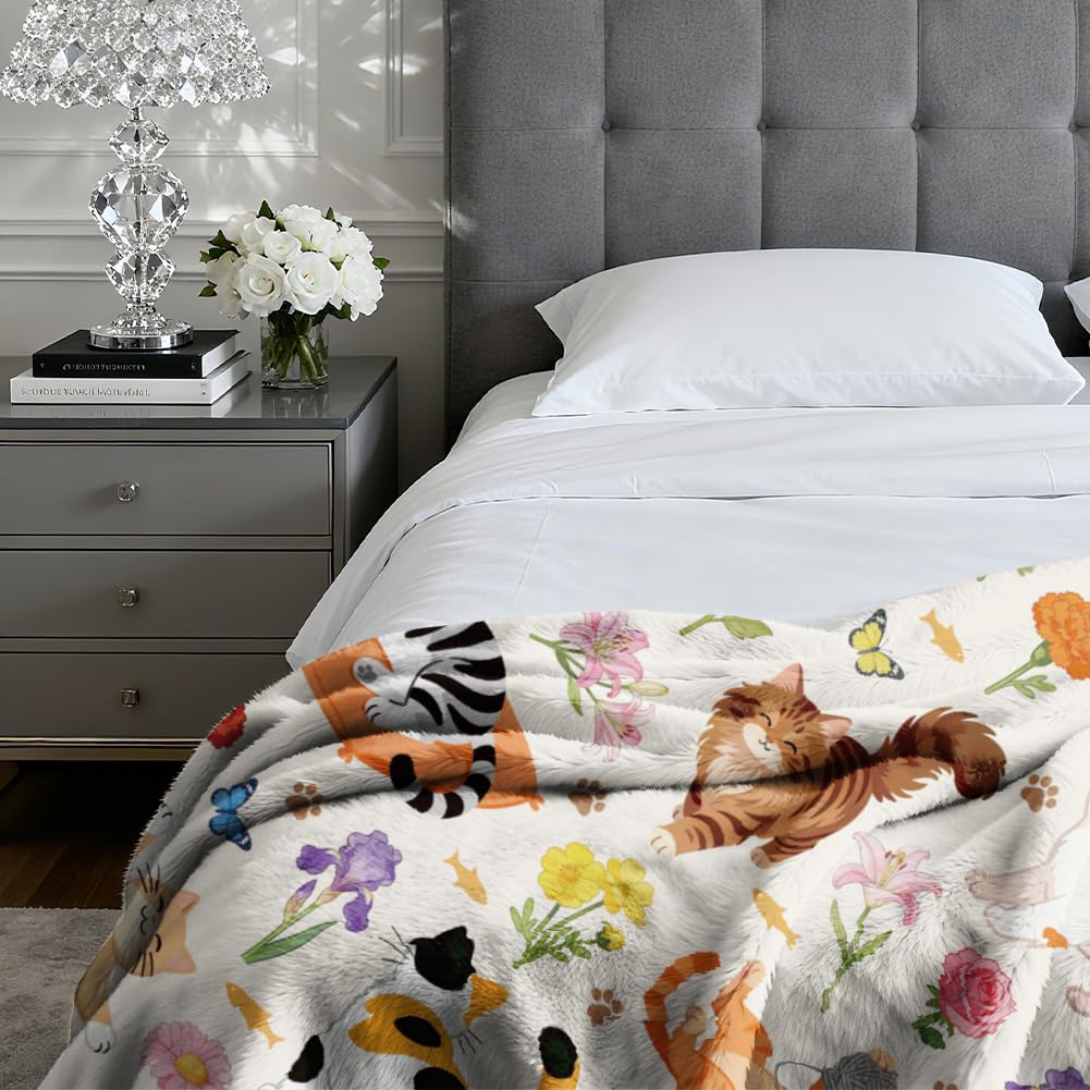 WADORN Katzen Kuscheldecke Geschenk Für Frauen, 150x130cm Katzen Blumenmuster Kuscheldecke Für Katzenliebhaber Katzenfreunde Wildblumen Flauschig Weich Flanell Fleecedecke Für Büro Schlafzimmer Sofa