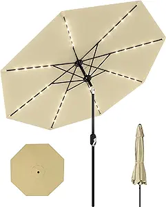 10 Ft Patio Umbrella with Solar Lights, 8 Ribs Outdoor Market Table Umbrella with 40 LED Lights & Tilt Crank for Pool, Deck, Backyard, Beige
