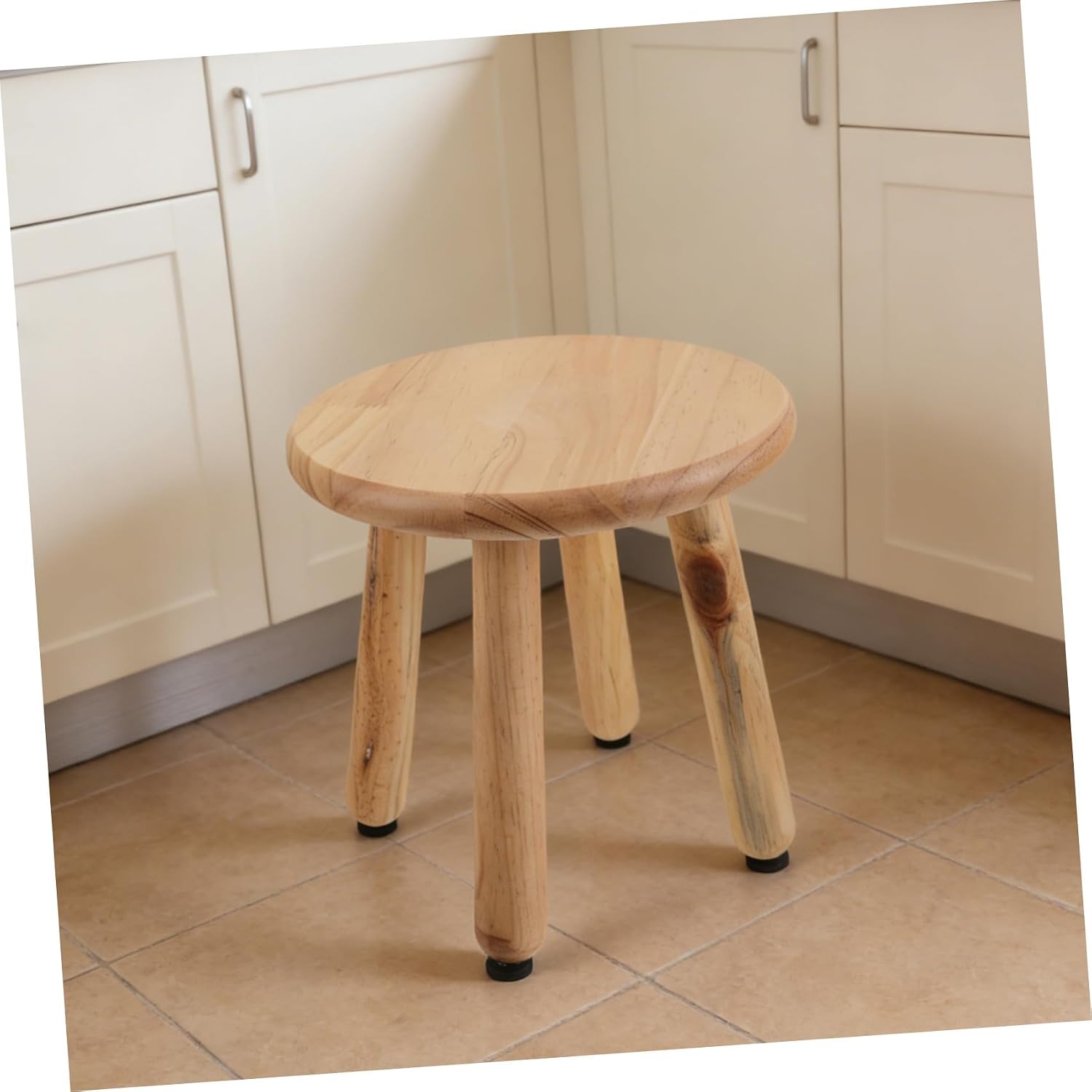 Hemoton Small Wooden Footstool with Four Legs, Round Vintage Rustic Wood Stool for Kitchen or Bedroom, Robust Support and Smooth Structure, Space-Saving Beige Step Stool