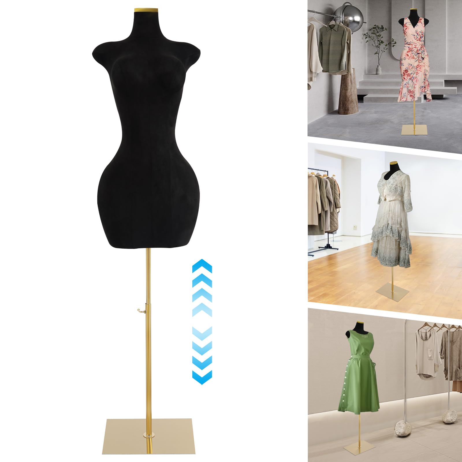 Mannequin da vetrina femminile - Busto - Modello femminile - Altezza regolabile - Forma per abbigliamento - Bambola da cucito - Supporto in metallo per abiti da sera e da giorno (Nero, 150–210 cm)
