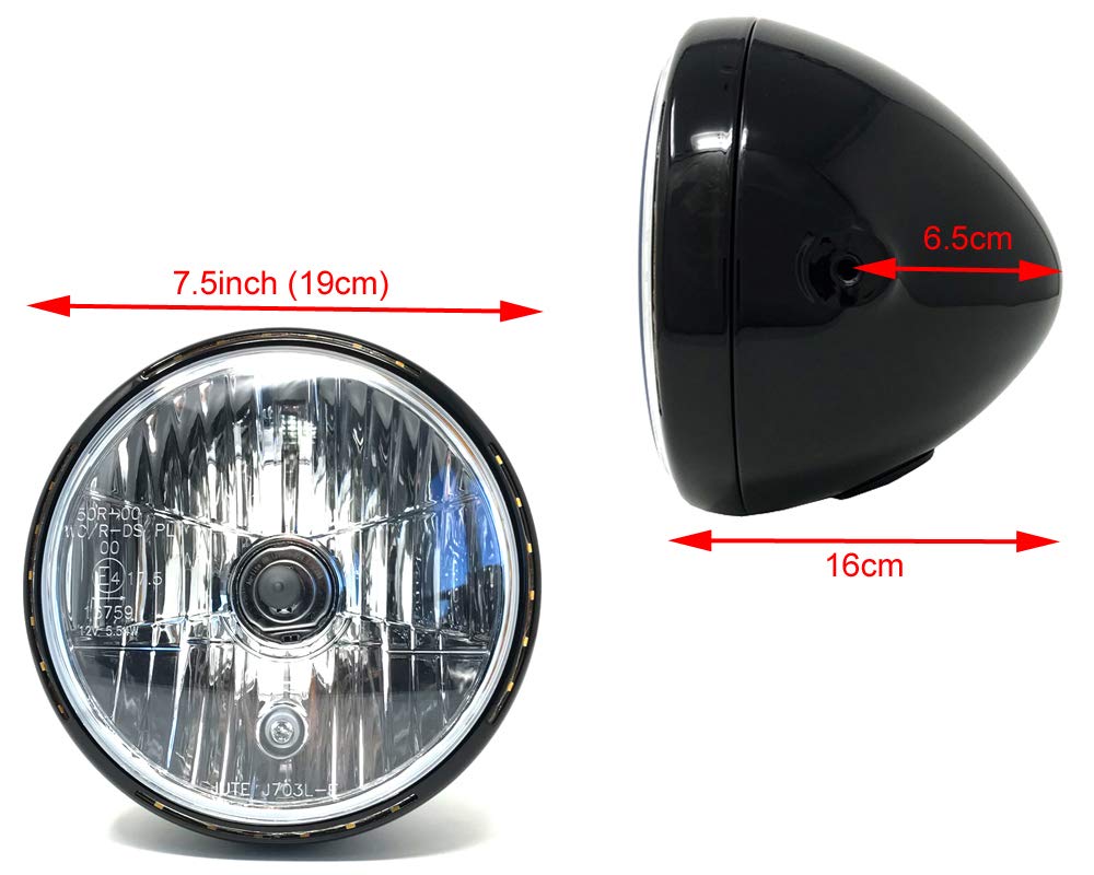 Alchemy Parts Reflektor motocyklowy 19,1 cm z pierścieniem LED Halo Prime do Royal Enfield Continental GT Interceptor 650 Street Café Racer, czarny błyszczący