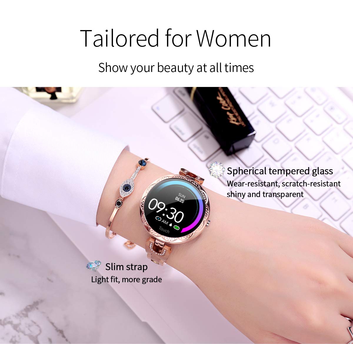 LONGLU Smartwatch dla kobiet, smartwatch kompatybilny z telefonami z systemem iOS Android, iPhone, Samsung, Fitness Tracker z tętnem, ciśnieniem krwi, wodoodporny, Bluetooth, krokomierz, śledzenie