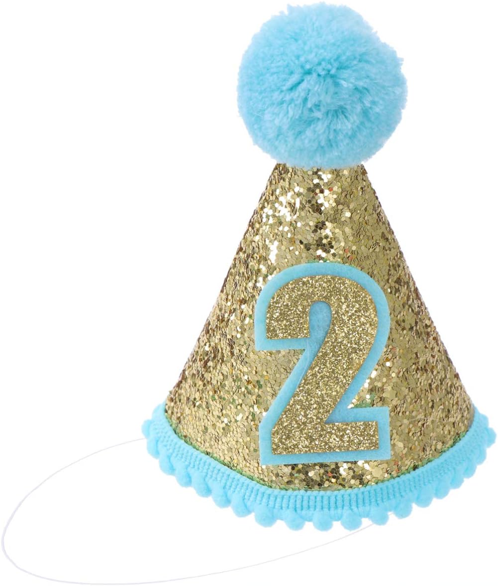 Toyvian 2nd Birthday Glitter Cone Tiara Headbands Sparkle Princess Hat for Baby Girl Boy (Blue), Blue 2
