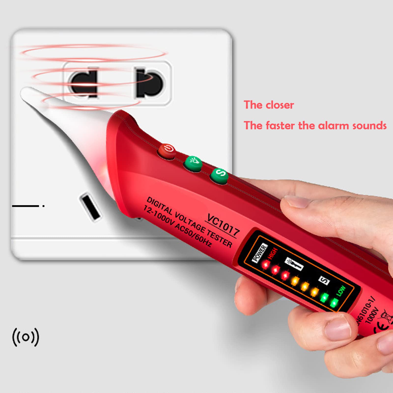 Detector de Voltaje sin Contacto con Linterna LED Sensibilidad ajustable, Distinción de Cable Vivo/Nulo, AC 12V-1000V, Localizar Punto de Rotura, Alarma