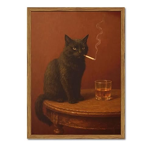 Framed Funny Black Cat Wall Art, Vintage Moody Cat Pictures