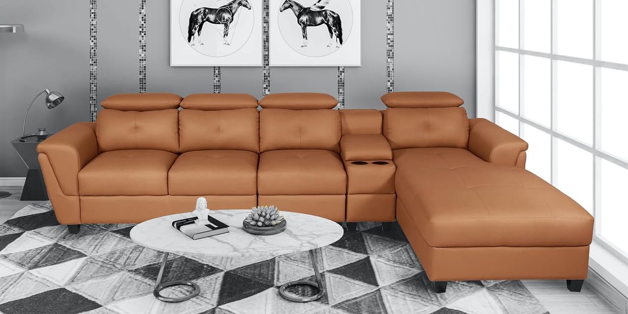 FIKRA Micho Comfortable Luxury Modern Lshape 5 Seater Leatherette Brown Sofa Set for Living Room, Hall, Lounge, Corner with Moveable Headrest and Cup Holder (LHS)-image-18