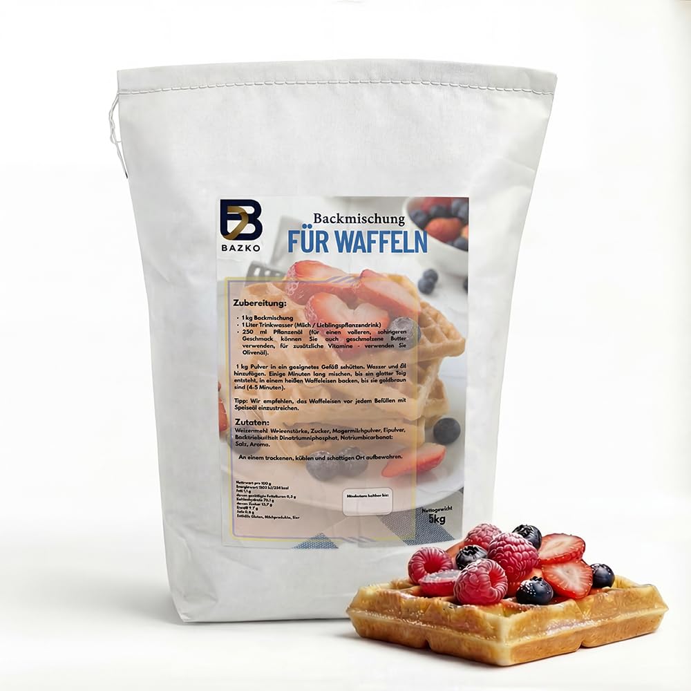 Bazko 5 kg Backmischung für Waffeln, Bubble-Waffeln, Pfannkuchen, Pancakes | Waffelteig Großpackung | Perfekt für Gastronomie und Hobbybäcker | für ca. 125 Stück