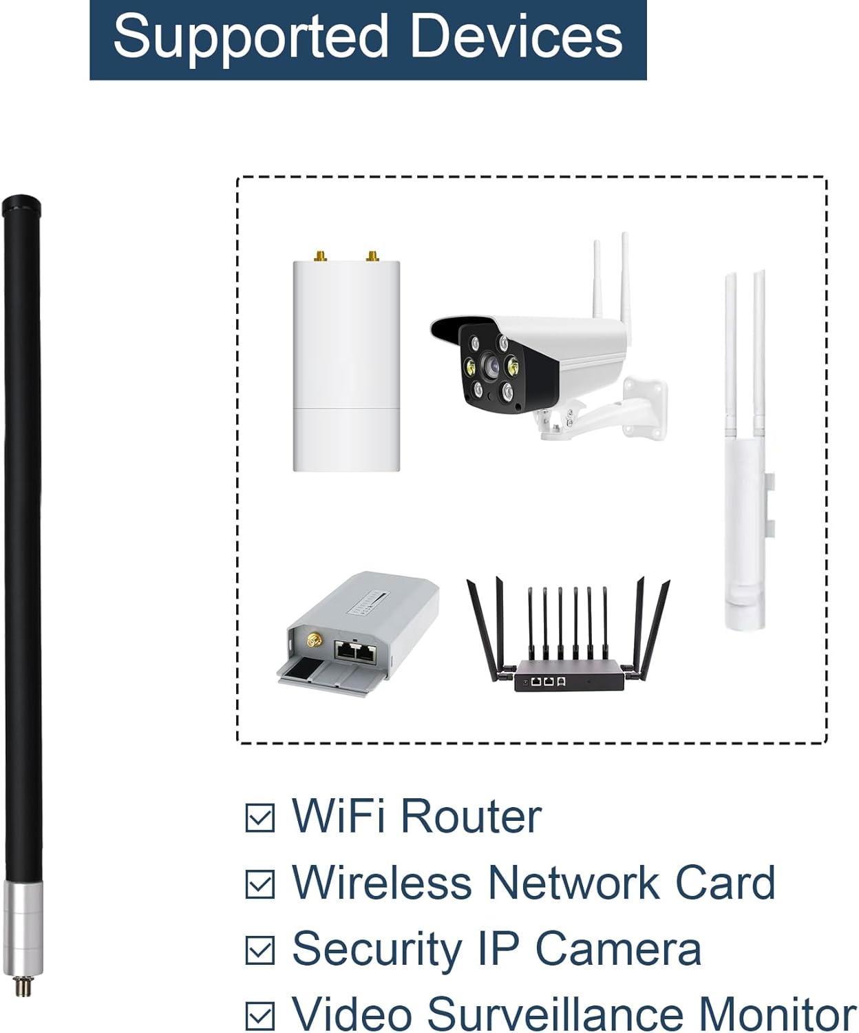 2.4G 5GHz WiFi Omni Antenna Dual Band Outdoor Pole Mount with 16ft RG58 Extension Cable RP-SMA Male and SMA Adaptor for Wi Fi Router Wireless Network Card Security IP Camera Video Surveillance Monitor