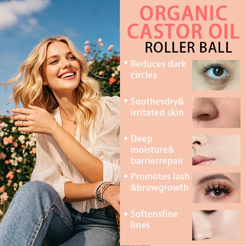 Condition photo showing New/Like New for organic castor oil with rose quartz roller, cold-pressed pure organic castor oil roller ball for hair growth, eyelashes, eyebrows & skin (1.7 fl.oz)