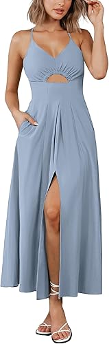 BTFBM Women 2026 Spaghetti Strap Midi Summer Dresses Sleeveless V Neck Cutout Slit Casual Beach Party Maxi Dress Pockets