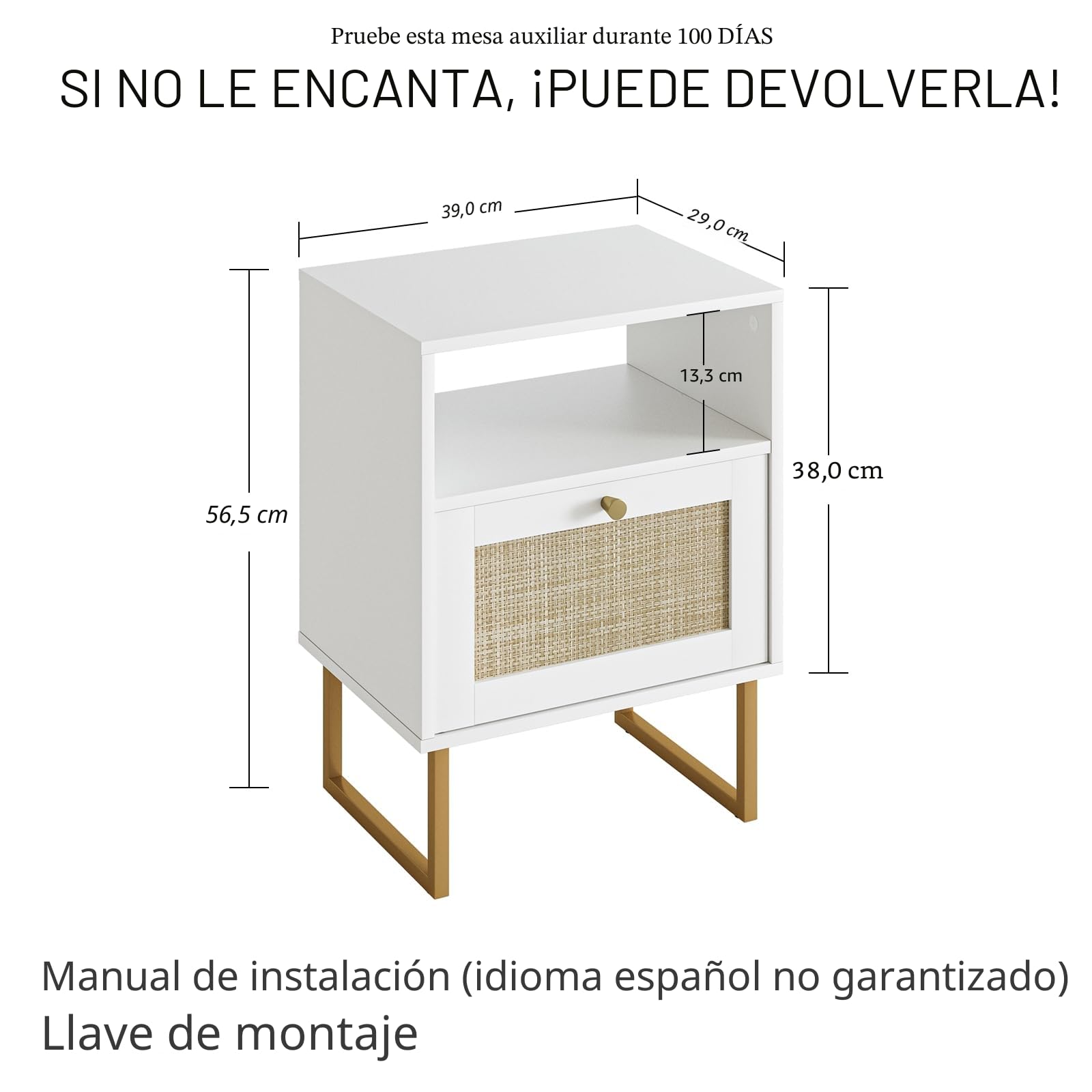 HEYZOEY Mesita de Noche de ratán Moderna de Madera con cajón y Estante Abierto, Mesa Auxiliar con Marco Dorado para Dormitorio, Sala de Estar, Oficina (Blanco)