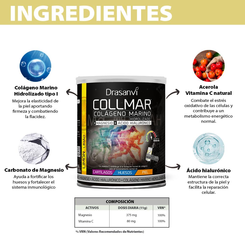 Colageno Drasanvi Collmar Hidrolizado Marino Con Acido Hialuronico Magnesio | Cuida Cartilagos, Huesos Y Piel, Con Vitamina C Natural - Colageno Marino Hidrolizado En Polvo Sabor Limon, Pack 3x300 G