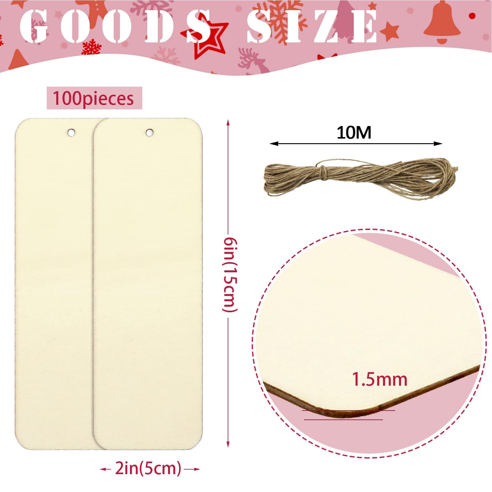 100 szt. 15 x 5 cm, czyste drewniane zawieszki na prezenty, duże rozmiary, drewniane puste zakładki z otworami i linami, niedokończone drewniane zawieszki wiszące, prostokątne, puste zakładki, ozdoby