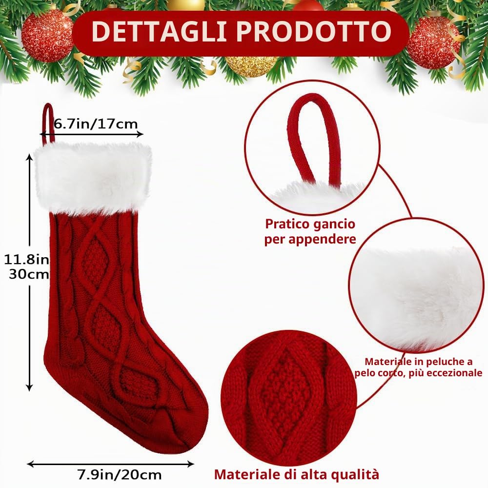 3 pezzi Calze natalizie lavorate a maglia in lana con targhette con nome, calze di Natale decorative, calze di Natale per feste di Natale, decorazioni natalizie e regali per bambini