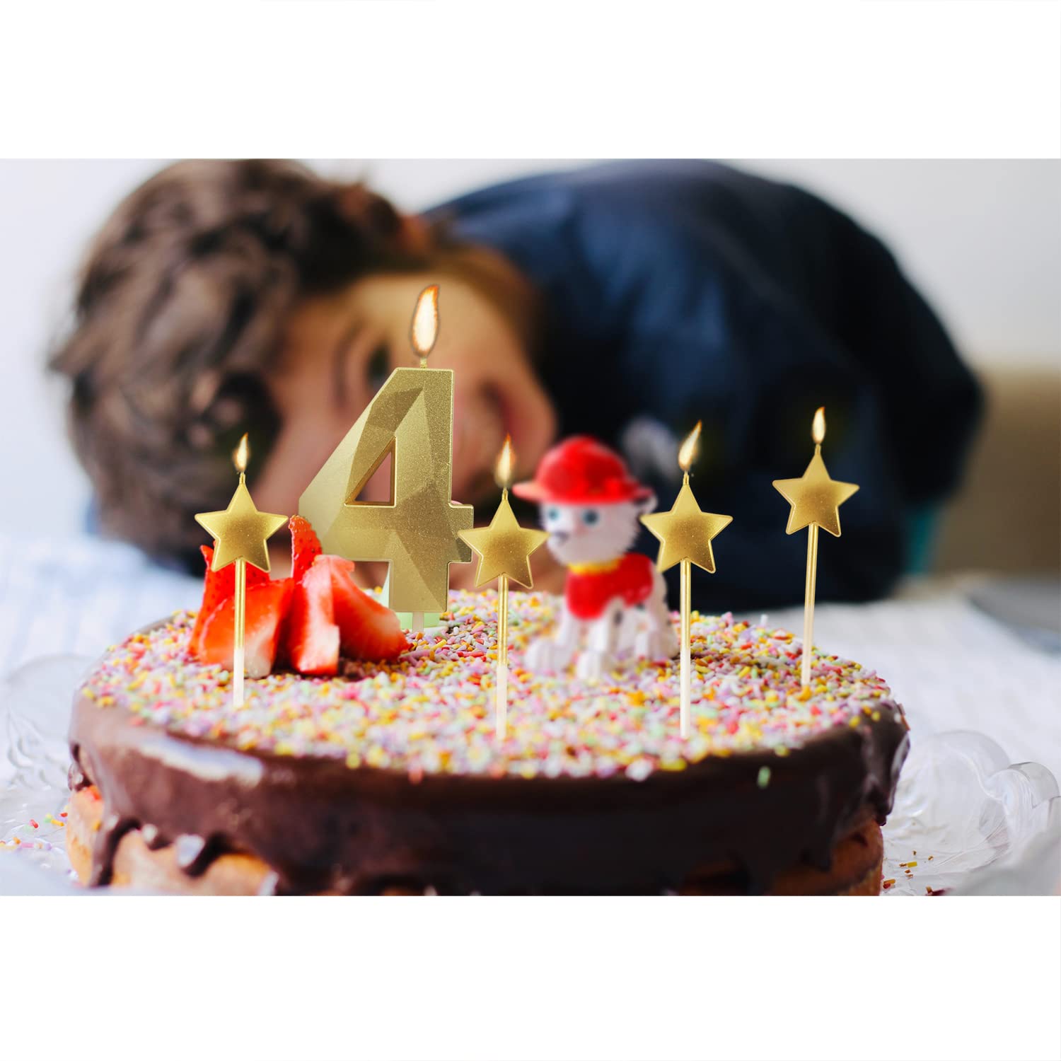 Velas de cumpleaños con número 4 dorado y velas de cumpleaños de estrella de 2.75 pulgadas, velas de pastel de cumpleaños 3D con forma de diamante son adecuadas para fiestas de cumpleaños y