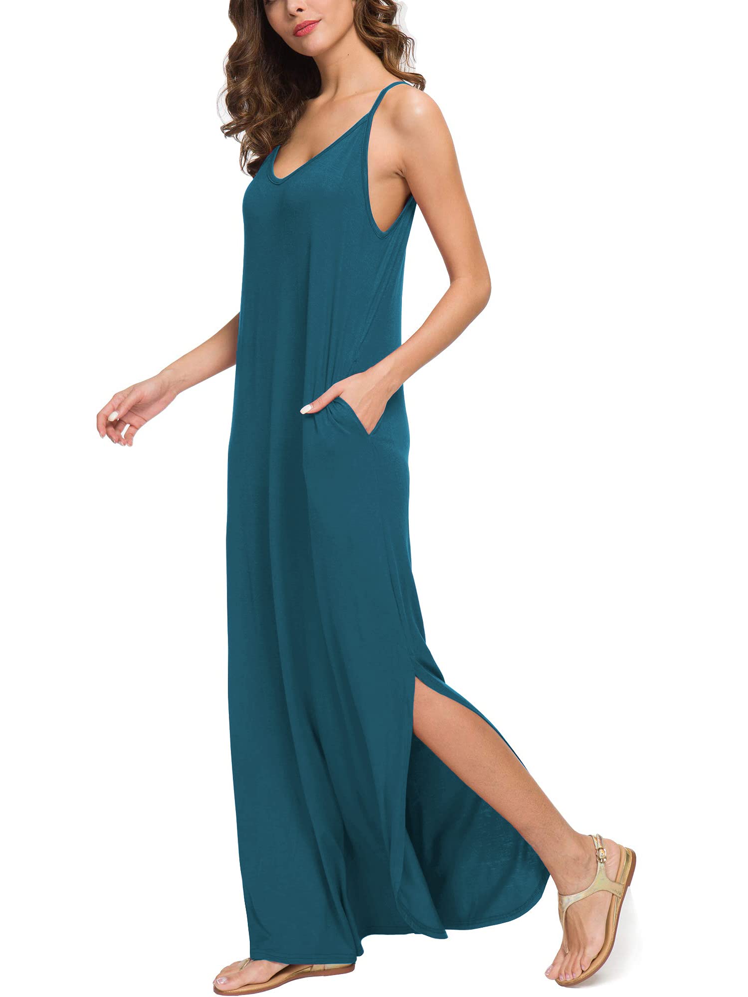 HUSKARY Vestido de Verano para Mujer, Informal, sin Mangas, Cuello en V, Tirantes Sueltos, Vestido de Playa, Vestido Largo con Bolsillo