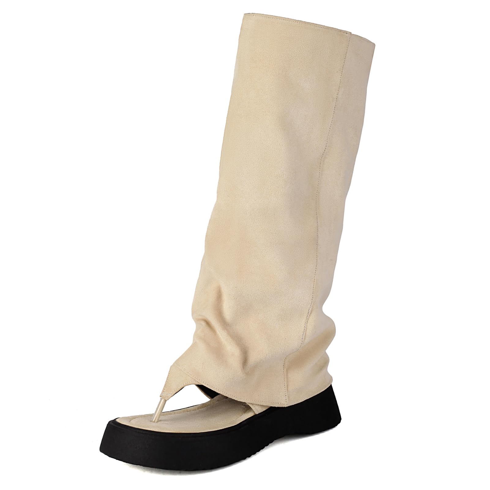 CouieCuies Women Flip Flop Boots Clip Toe Knee High Summer Boots Shark Fold Over Shoes Beach Flats Thongs