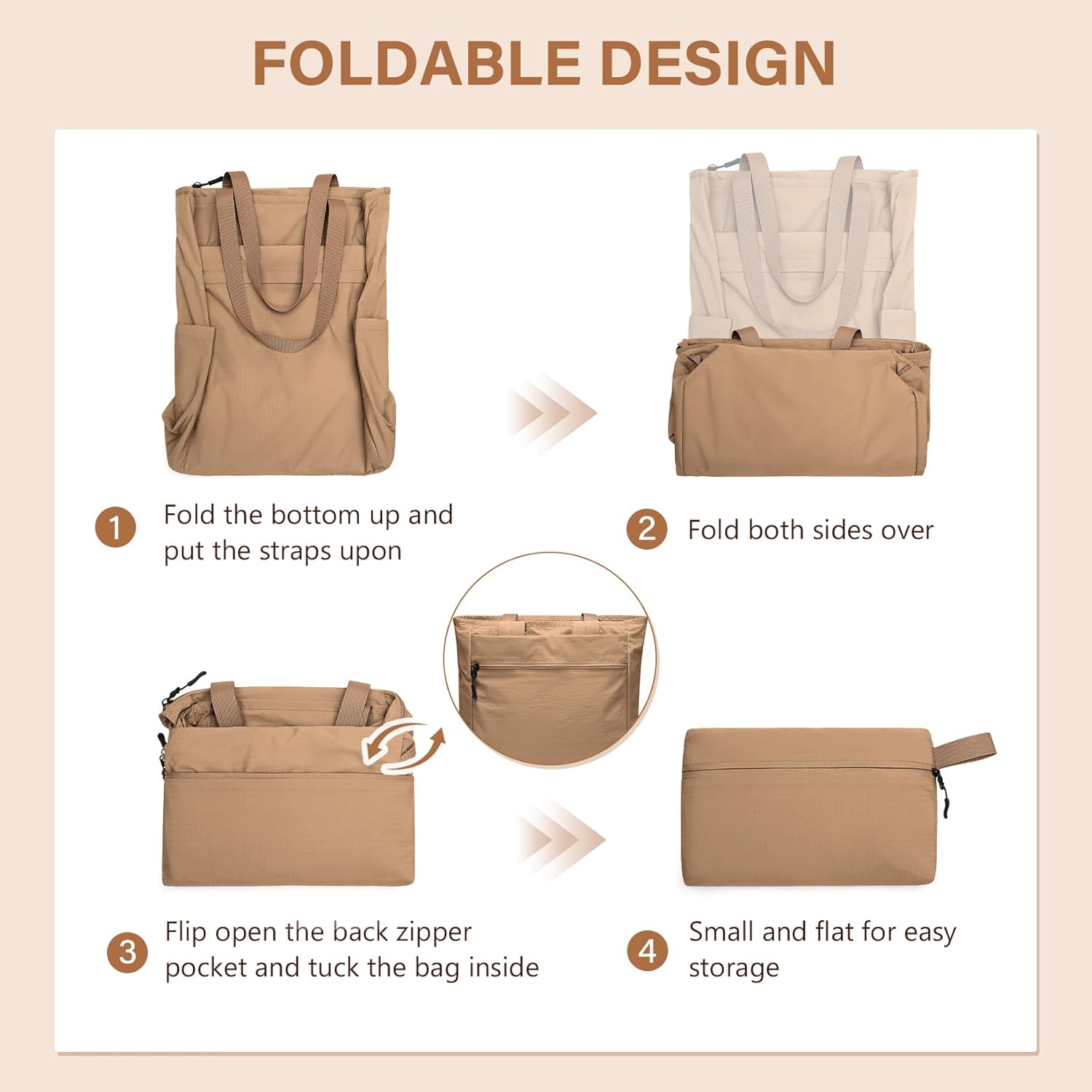 GOLF SUPAGS Foldaway Convertible Tote Backpack Lightweight Nylon Daypack for Women Men City Pack Versatile Backpack for Leisure Travel, Gravel Brown - Image 5