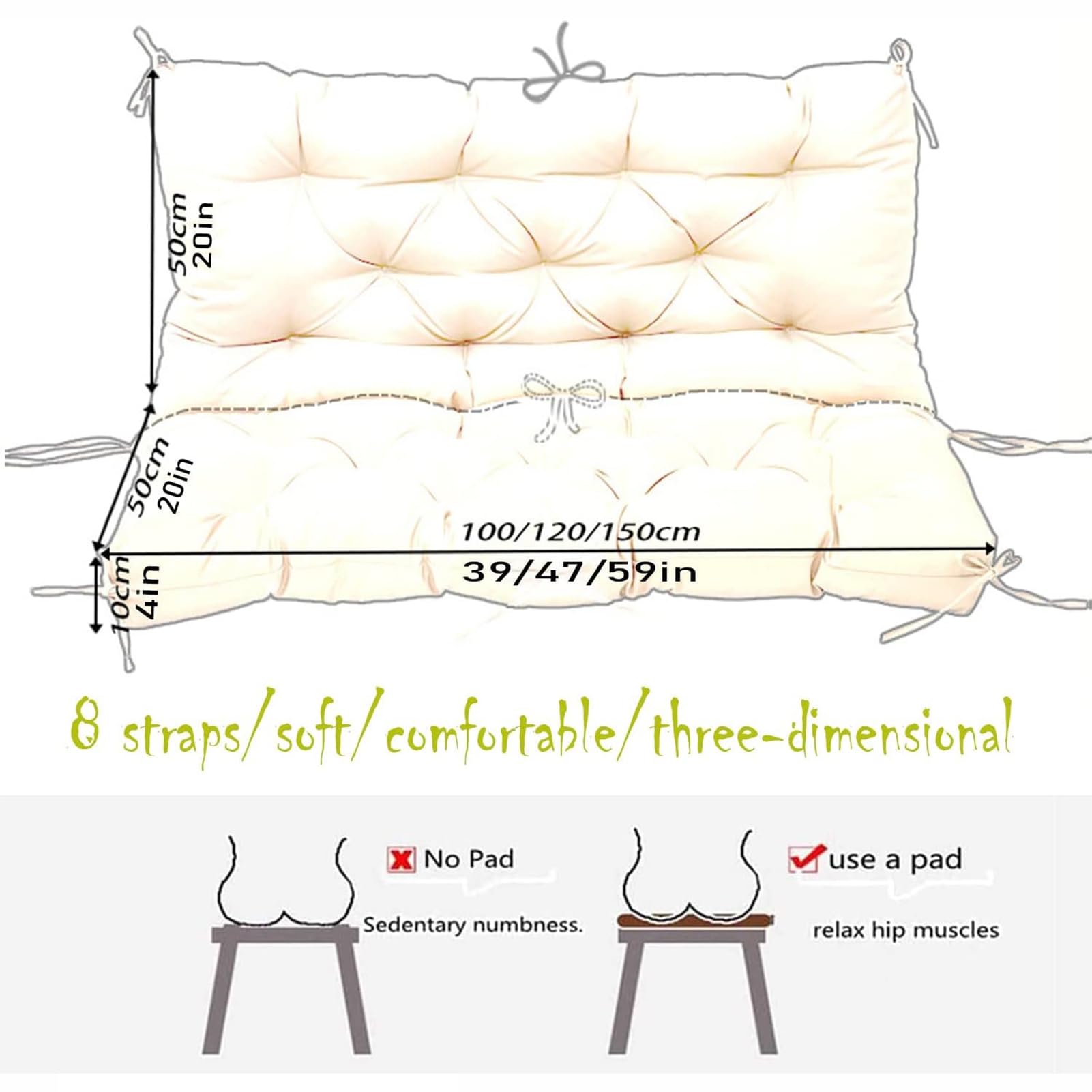 Cuscini Di Oscillazione All'aperto Con Schienale, 2 O 3 Persone Di Ricambio Della Panchina Impermeabile Cuscino, Seater Wicker Rattan Swing Seat Pads Per Giardino Esterno Interno,1,150*100*10cm