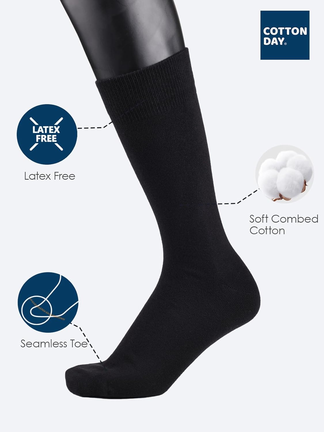 COTTON DAY Men's Premium Soft Combed Cotton Trouser Dress Socks Seamless Toe Black Navy Blue Striped - Image 4