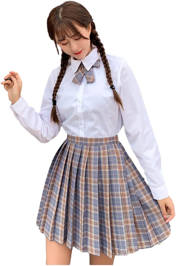 Women Girls Short Plaid Pleated Skirts Uniform Cosplay Costumes 2 Grey Mixed White