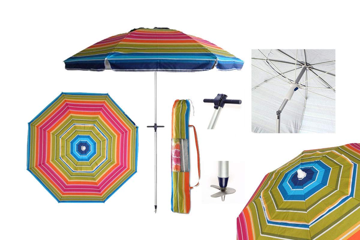 Pincho Ombrellone da spiaggia grande 200 cm, antivento, protezione UV 50, materiali di qualità, tubo di alluminio, aste in fibra di vetro, bastone reclinabile, 11, Grande