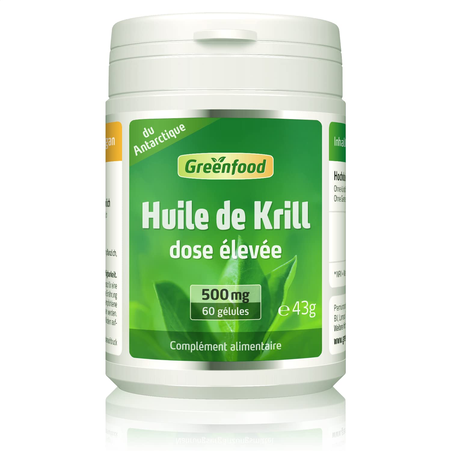 Greenfood Huile de krill, 500 mg, 60 gélules, dose élevée - pour un coeur et fonction cérébrale. Sans additifs artificiels. Sans génie génétique.