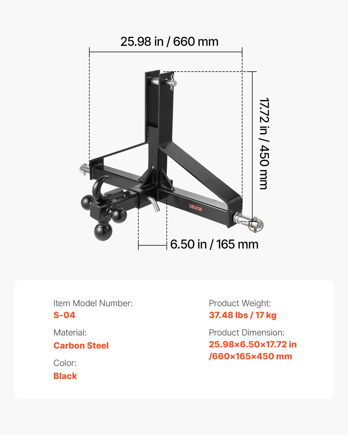 VEVOR 3-Punkt-Anhängerkupplung 660x165x450 mm, 3-Punkt-Schnellkupplungsaufsatz, Traktor-Dreipunktaufnahme, kompatibel mit Kubota, Mahindra, Ford, Yanmar, John Deere, Massey Ferguson