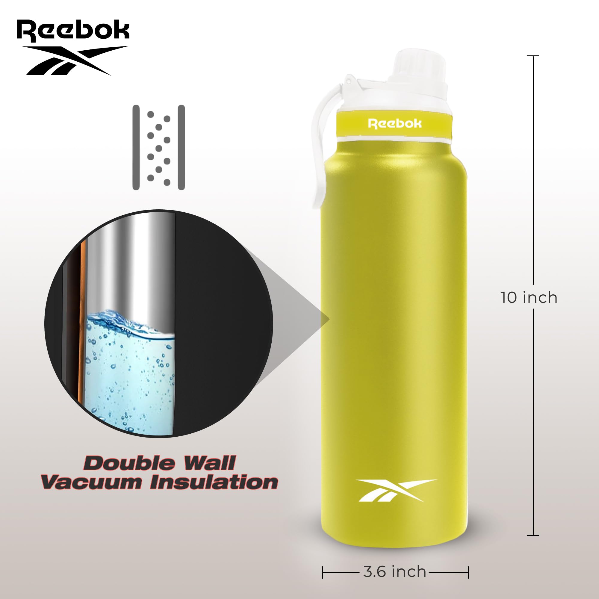 Reebok Borraccia in acciaio inox con design atletico, borraccia termica da 907,2 ml, con coperchio Chug – Borraccia sportiva a doppia parete isolata sottovuoto, senza BPA (giallo)