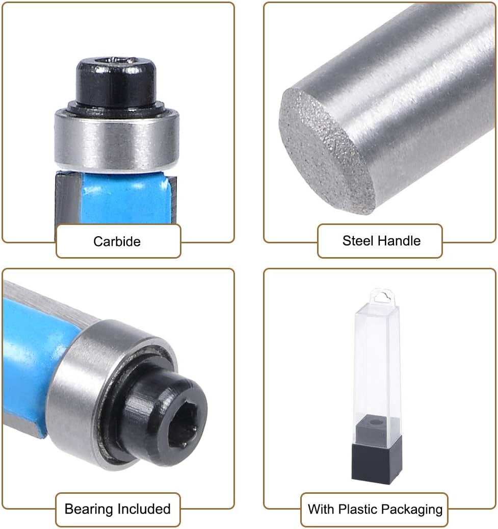 sourcing map Router Bit 1/4 Shank 1/4 inch Dia. Flush Trim with Bearing 2 Flutes Carbide for Woodworking Milling Cutter Tool 2pcs - Image 4