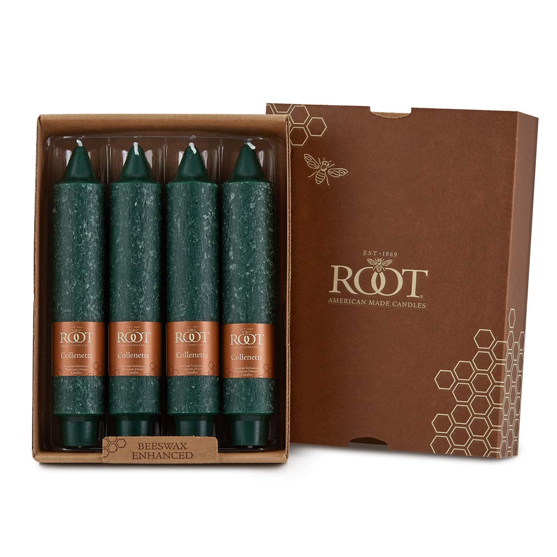 Root Candles 4-Count Unscented Dinner Candles Dripless Beeswax Enhanced Timberline™ Collenette Boxed Candle Set, 7-Inch, Dark Green
