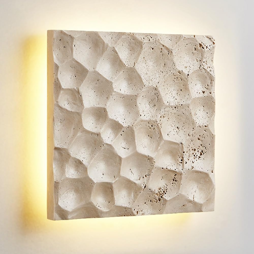 SXWNBIFH Yellow Travertine Wall Lamp Japanese Style Wabi-Sabi Art Lighting Fixture Concave-Convex Square Stone Wall Sconce 14W LED Wall Light for Foyer Bedroom Stairs