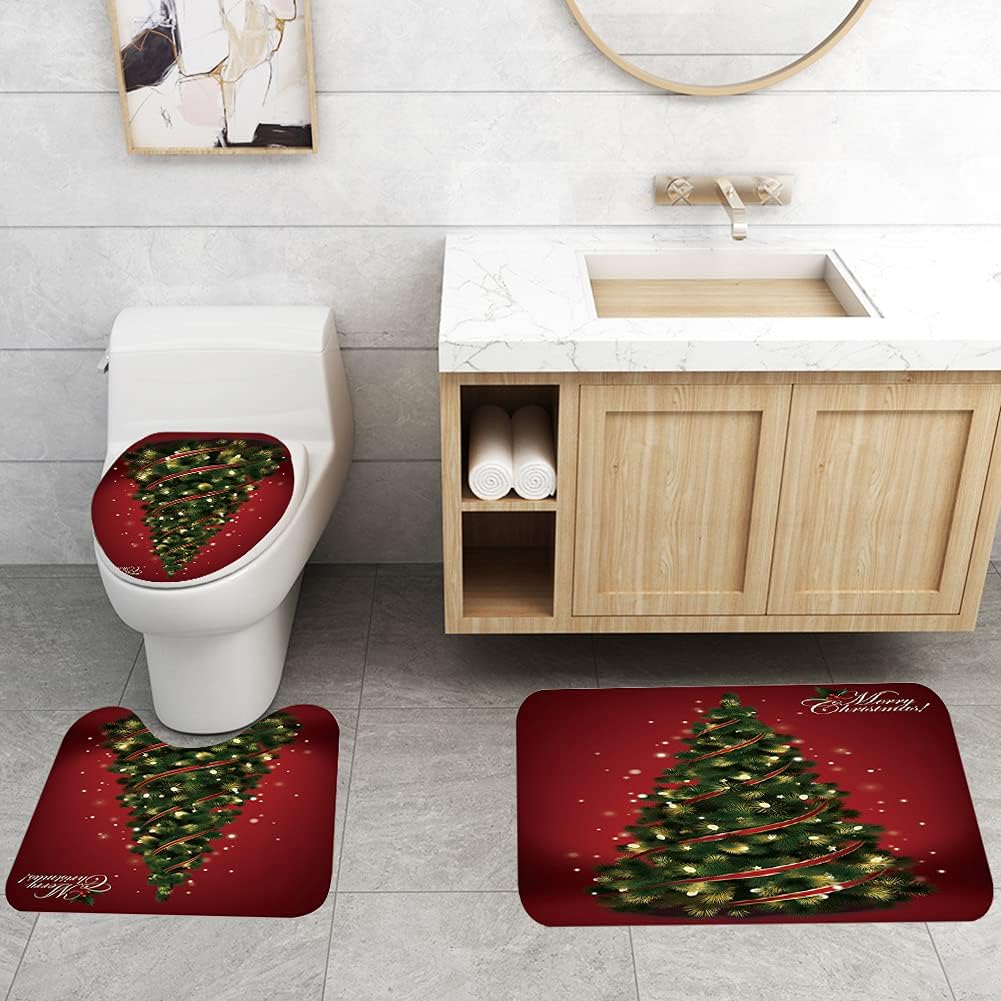 4 Pcs Merry Christmas Shower Curtain Sets with Non-Slip Rug, Toilet Lid Cover and Bath Mat, Santa Claus Shower Curtain with 12 Hooks Christmas Bathroom Decor USA Shipping (Christmas Tree-2)