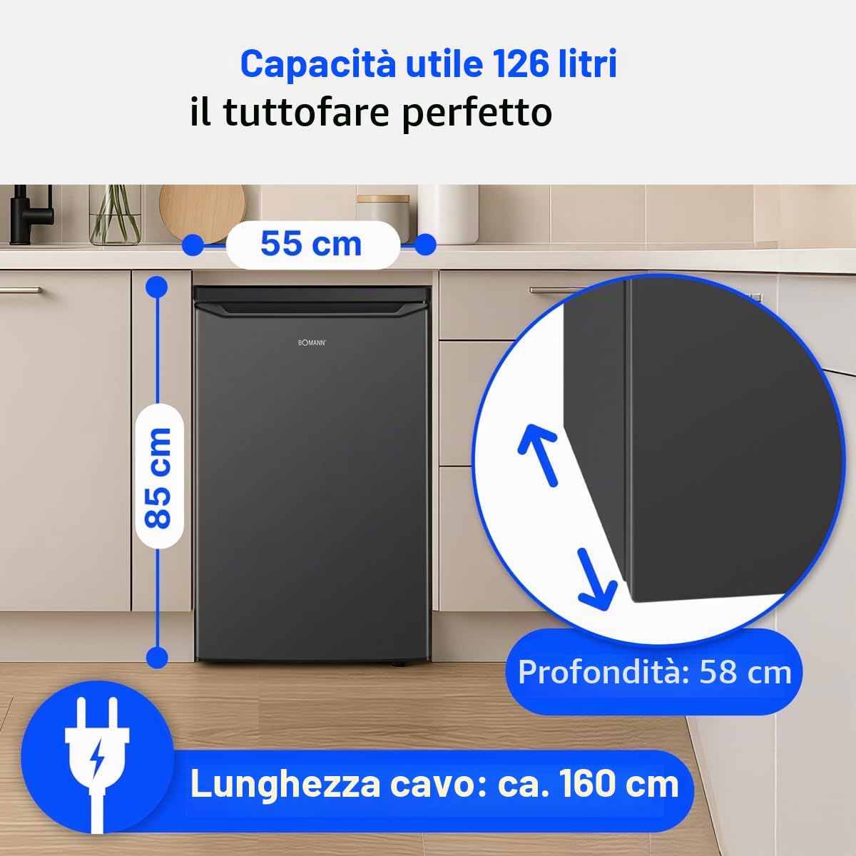 Frigorifero Bomann® senza scomparto congelatore, Classe energetica C, 85 cm, Garanzia compressore di 5 anni, Frigorifero compatto, 0-8 °C, Silenzioso 35 dB, 3 ripiani,