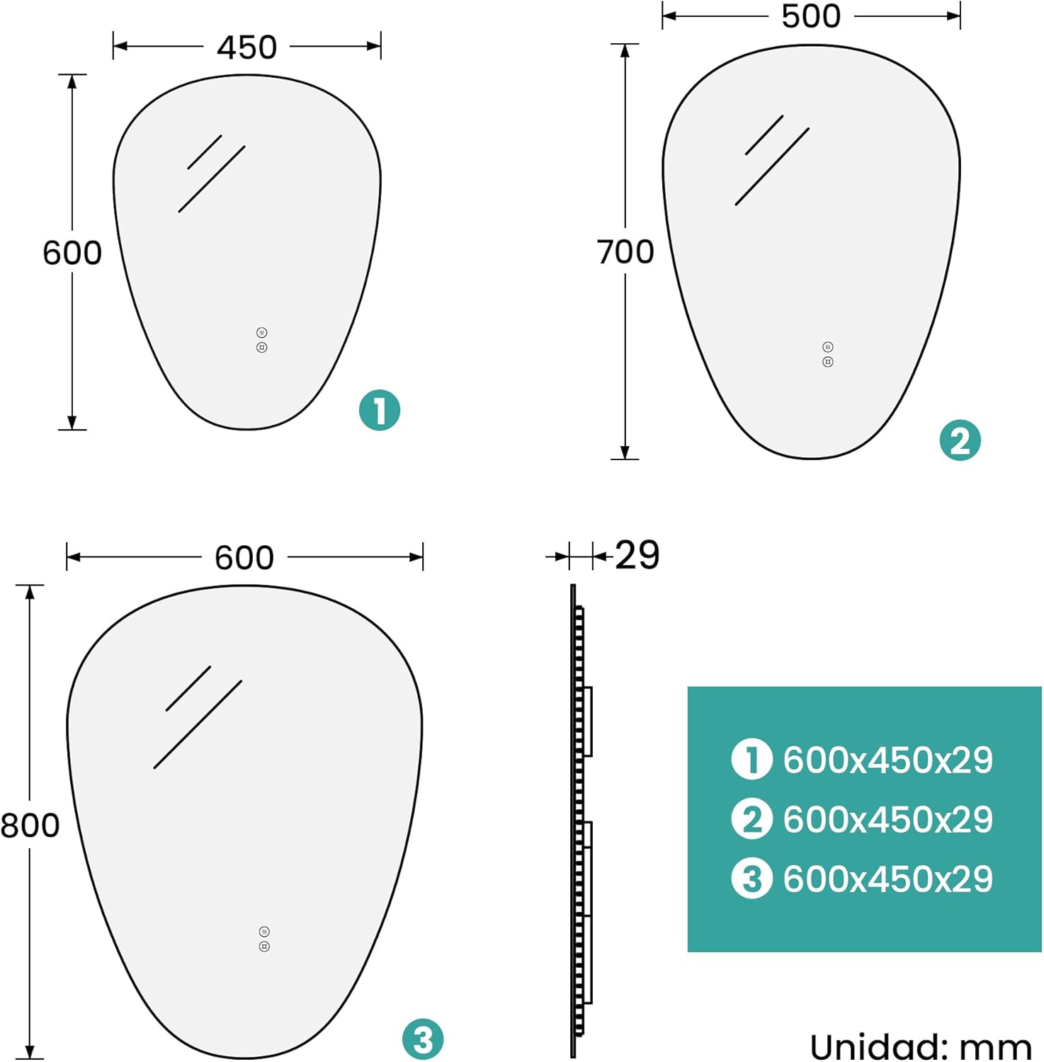 Technical drawing with mirror dimensions