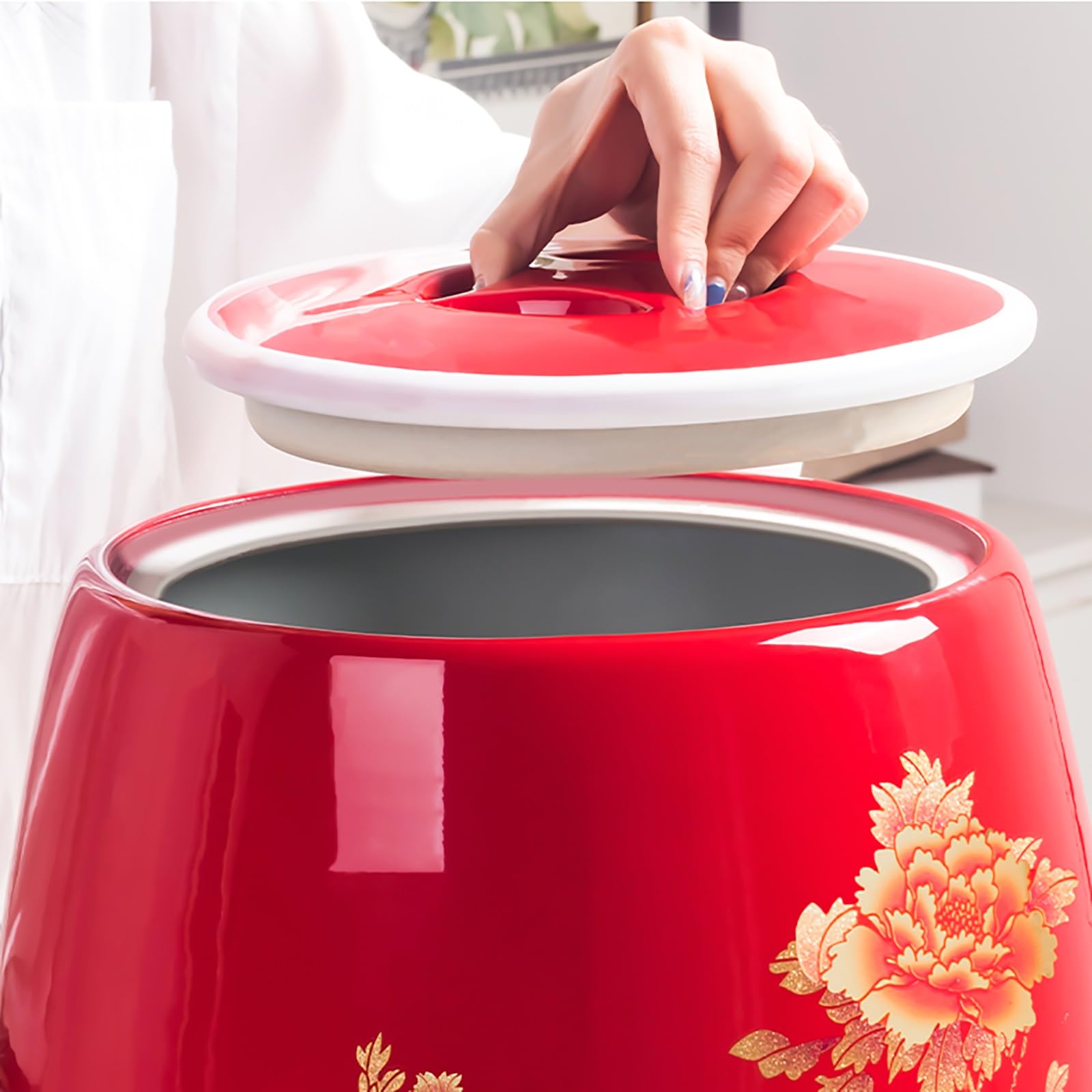 Barattolo Di Riso Ceramica Con Coperchio Bottiglia Di Porcellana Per Riso Domestico 10 Kg Secchio Di Riso In Ceramica Con Design A Nappa Contenitore Di Riso Stile Cinese Cilindro Cereali In Ceramica(D