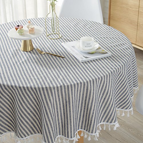 ColorBird Stripe Tassel Tablecloth Cotton Linen Dust-Proof Table Cover for Kitchen Dinning Tabletop Decoration (Round, 60 Inch, Blue)