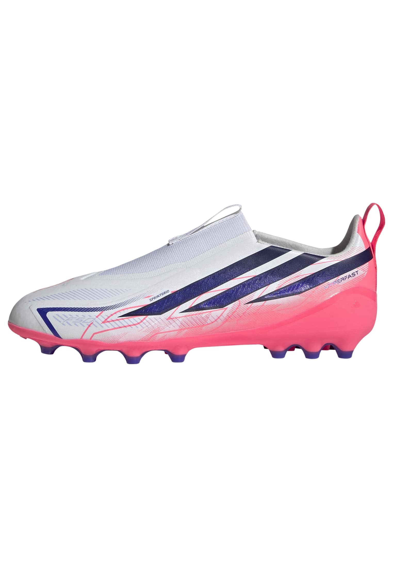 adidas Unisex Kids F50 Hyperfast League Laceless Artificial Ground Football Boots Kids Shoes, FTWR White/Solar Purple/Solar Turbo, 12.5 UK Child