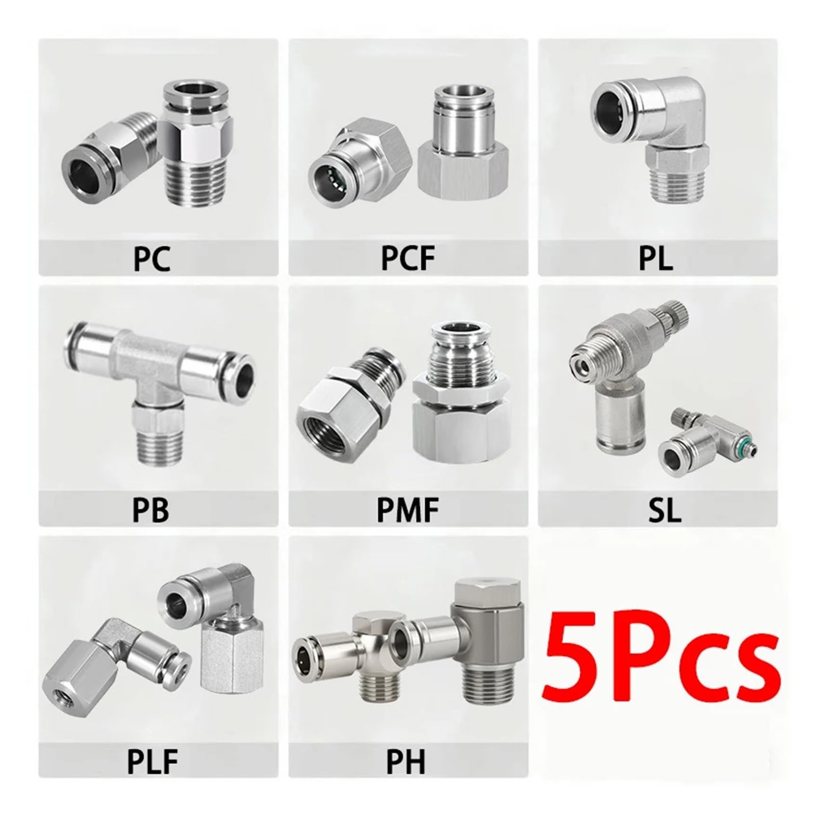 Pneumatischer Luftanschluss 5Pcs 304 Edelstahl Pneumatische Schlauch Fitting PC PB PCF PL PMF SL PLF PH Luft Schlauch Anschluss 1/8 1/4 3/8 1/2(6-01 (6mm-1l8),PB)