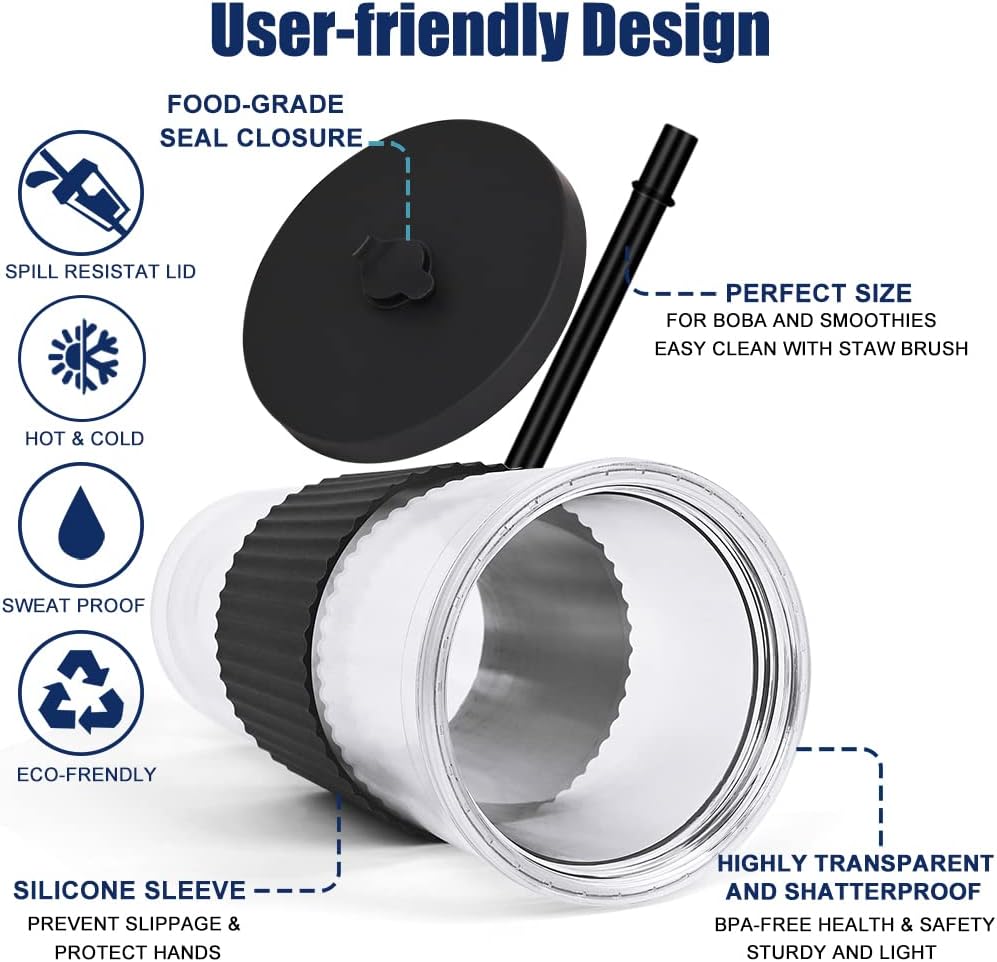 2 Pack Reusable Boba Tea Cups, 24oz Iced Coffee Cup with Straw and Lid, Leakproof Clear Plastic Cups Tumbler, Double Wall Insulated Smoothie Tumbler, Wide Straw for Bubble Tea, Black and White - Image 2