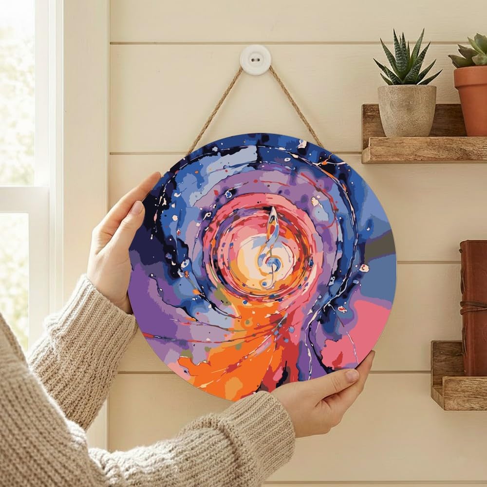 Abstract Melody Paint by Numbers Kit for Adults on Wood Board – DIY Colorful Treble Clef Music Vortex Wood Craft Painting Kit, 12 in Round, Acrylic Paint Set,Beginner-Friendly,Relaxing Home Decor Gift