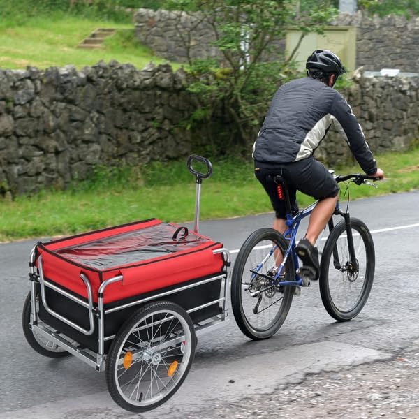 Heavy Duty Bicycle Cargo Trailer, 100kg Capacity Bike Hitch Trailer with Handrail, 96x75x58cm Wagon for Kids, Pets, Groceries & Garden Hauling, Bicycle Accessories Cargo Carrier for Shopping Beach