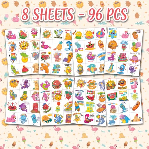 Image of 96 PCS Derpy Summer Temporary Tattoos for Kids | Funny Weird Tropical Waterproof Fake Tattoo Stickers, Silly Beach Birthday Party Favors, School Rewards Gifts for Boys Girls