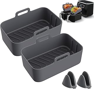 2PCS Air Fryer Silicone Pot for Ninja Foodi Dual DZ201 8QT / DZ090 6QT, Reusable Air Fryer Silicone Liners for Ninja with Mitts Basket Accessories