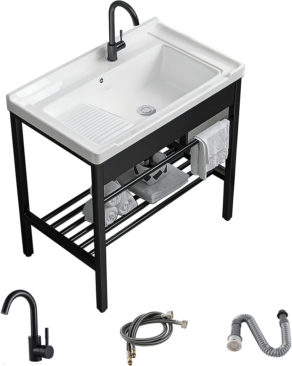 Freestanding Laundry Utility Sink, 28.3" × 19" × 32.3" Ceramic Sink Set with Bracket and Drainage Kit for Laundry Room, Utility Room, Garage, Basement, Outdoor and Indoor