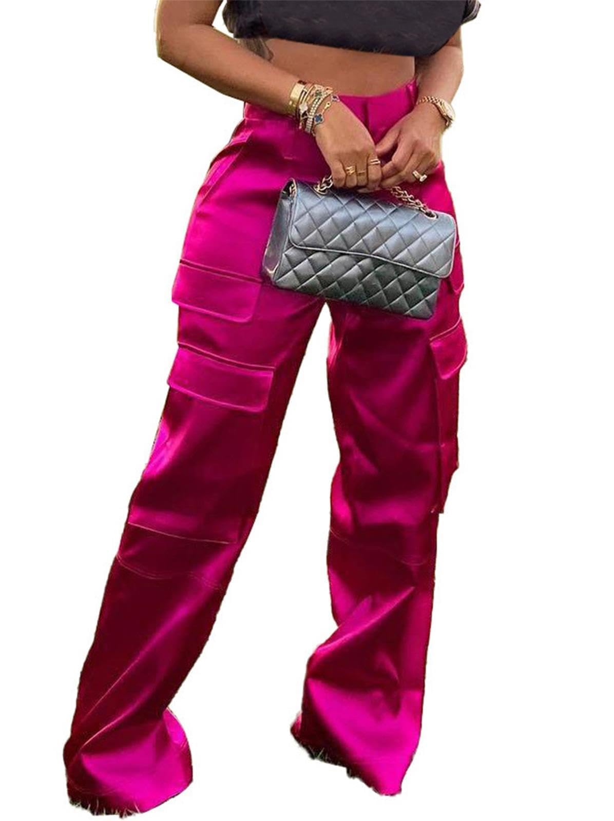 Women Cargo Pants High Waisted Satin Pants Straight Long Pants Multi Pockets Casual Trousers Pants Concert Outfits
