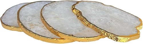Miniatura 2 de White Agate Coasters with Gold Edge – Set of 4 Natural Sliced Agate Stone Coasters (4–5 Inch) Decorative White Crystal Coasters for Drinks, Home