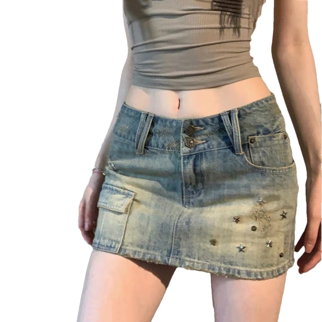 Minigonna cargo da donna, in denim, vintage, con rivetti e vita bassa, linea A