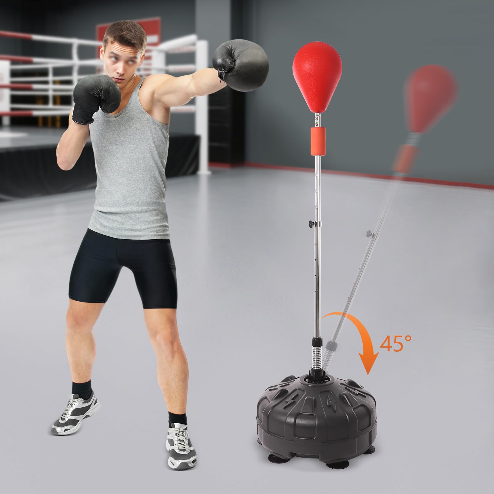 Stojąca gruszka bokserska, worek bokserski z regulacją wysokości – odbicie 90°, 6 przyssawek, dla dzieci/dorosłych, do fitnessu i treningu bokserskiego (regulacja 120-160 cm, czerwona)